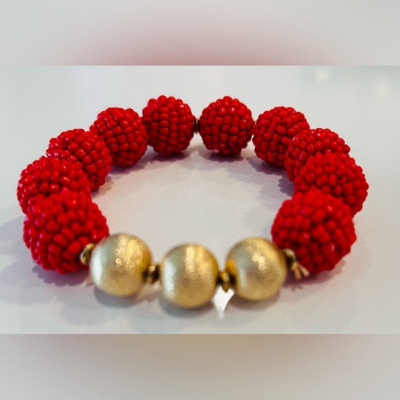 Red and Gold Toned Large Bead Stretchy Bracelet - Picture 2 of 2